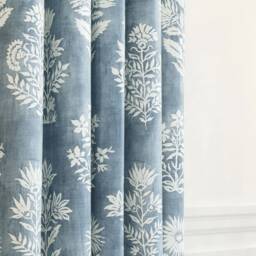 Elevate Your Windows With This Indigo Blue Drapery Features A Large-Scale Floral Watery Ground Cloth & Off-White Pattern - thumbnail 1