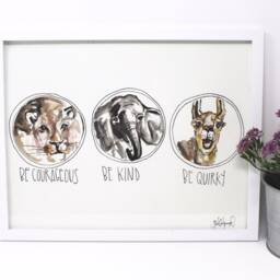 Be Kind, Courageous, Quirky Art Print -11x14 In, Animal Art, Baby Room Decor, Nursery Wall Lion, Elephant & Llama - thumbnail 2