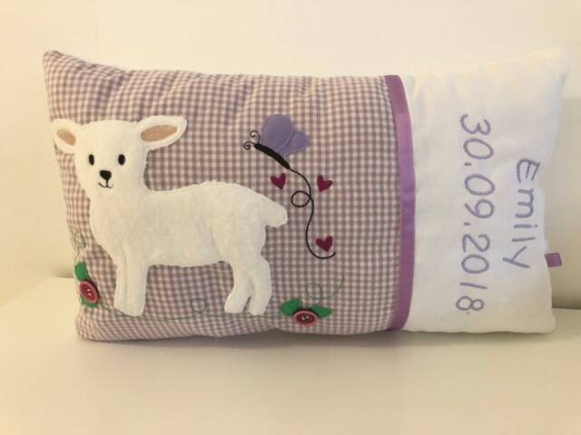 Personalized Pillow Lamb Butterfly Girl 40 X25 cm Purple Name Pillowbirth Giftgift For Baptism - image 1