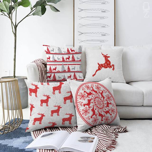 Christmas Throw Pillow Covers With Red Reindeers On White Background - Double Sided Printing The Chenille Different Sizes, Oeko-Tex?? - image 1