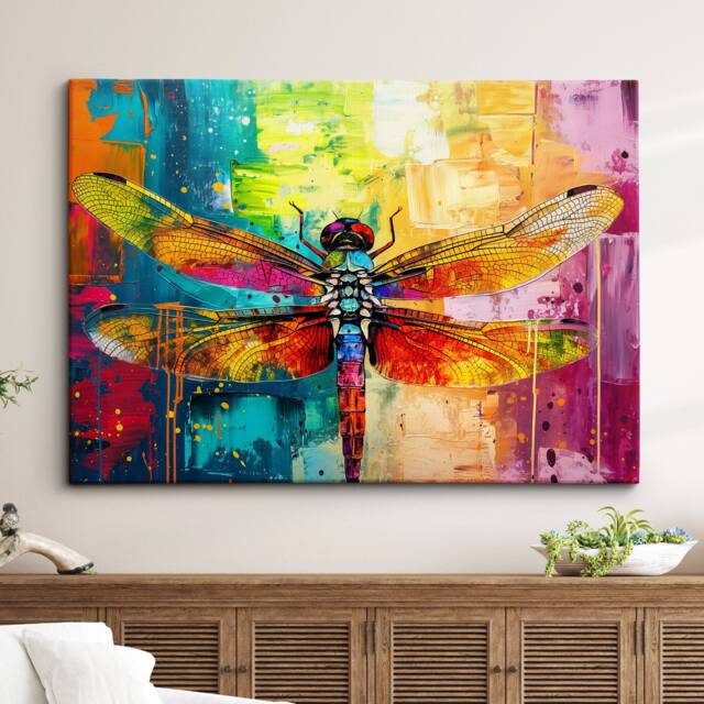 Dragonfly Rainbow Animal Pet Art Abstract Oil Painting Framed Poster Print & Canvas Wall Decor Bedroom Home Interior Gift - image 1