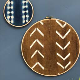African Mudcloth Gallery Wall Hanging, Indigo Blue Shibori , Wood Circle Frame 6 Inches, Modern Boho, Authentic Vintage Textile - thumbnail 4