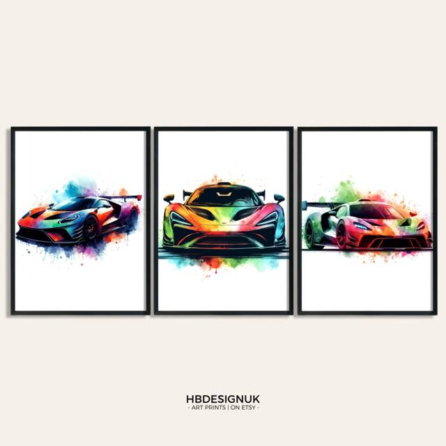 Multicoloured Car Bedroom Decor Set - Of 3 Posters - Watercolour Painting Boys Room Print Gifts Sports Wall Art - image 1