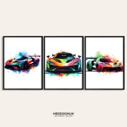 Multicoloured Car Bedroom Decor Set - Of 3 Posters - Watercolour Painting Boys Room Print Gifts Sports Wall Art - thumbnail 1