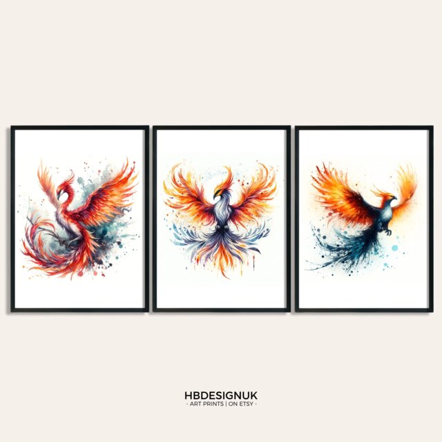 Phoenix Poster Set - Of 3 Prints - Watercolor Painting Watercolour Picture Wizard Wall Art Artwork Gifts Bird Decor - image 1