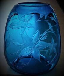 Blue Floral Vase, Hand Engraved, Hand Blown Glass Art, Art Glass, Centerpiece, Orbix Hot Glass, Home Decor - thumbnail 1
