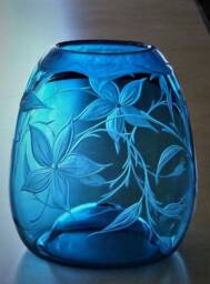 Blue Floral Vase, Hand Engraved, Hand Blown Glass Art, Art Glass, Centerpiece, Orbix Hot Glass, Home Decor - thumbnail 2