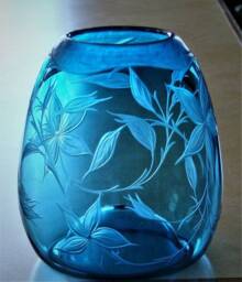 Blue Floral Vase, Hand Engraved, Hand Blown Glass Art, Art Glass, Centerpiece, Orbix Hot Glass, Home Decor - thumbnail 3