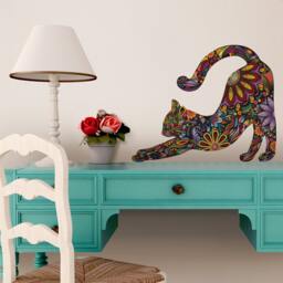 Stretching Cat Wall Sticker - Repositionable Floral Decal