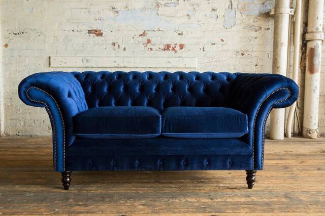 2 Seater Navy Blue Velvet Fabric Chesterfield Sofa, British Handmade - image 1