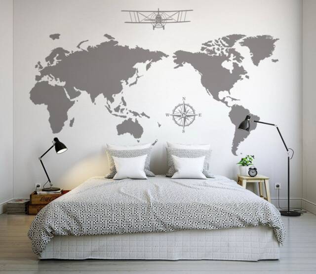Large World Map Decal, Compass Wall Airplane Wall Decal-World Stickers For Bedrooms, Offices, Classrooms, Living Rooms-Dk385 - image 1