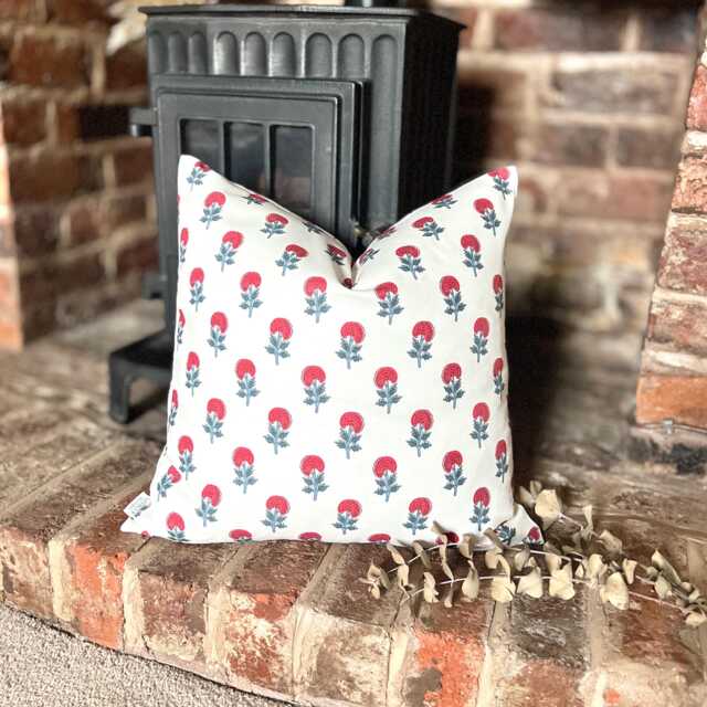 1611. Naha Red/Blue Block Print - 100% Organic Cotton Cushion Cover - image 1
