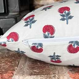 1611. Naha Red/Blue Block Print - 100% Organic Cotton Cushion Cover - thumbnail 2