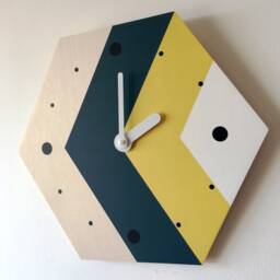 Hexagonal Wooden Wall Clock Mid-Century Art Southwestern Geometric Decor Navy Blue Silent - thumbnail 3