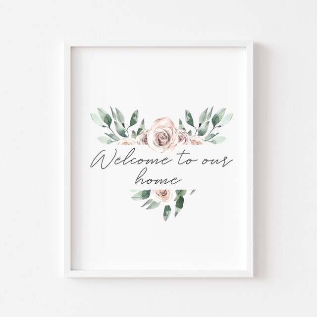Floral Welcome Home Print Pink & Green Heart Hallway Art - Unframed - image 1