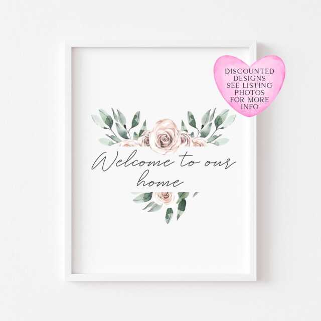 Muted Floral Heart Wreath Welcome Home Print, Blush Pink Roses Wall Art - Unframed - image 1