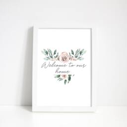 Muted Floral Heart Wreath Welcome Home Print, Blush Pink Roses Wall Art - Unframed - thumbnail 4