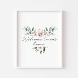 Floral Welcome Home Print Pink & Green Heart Hallway Art - Unframed - thumbnail 1