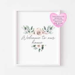 Muted Floral Heart Wreath Welcome Home Print, Blush Pink Roses Wall Art - Unframed