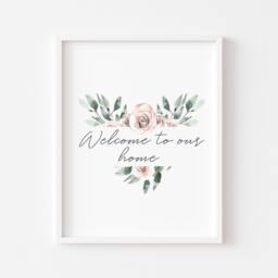 Muted Floral Heart Wreath Welcome Home Print, Blush Pink Roses Wall Art - Unframed - thumbnail 2