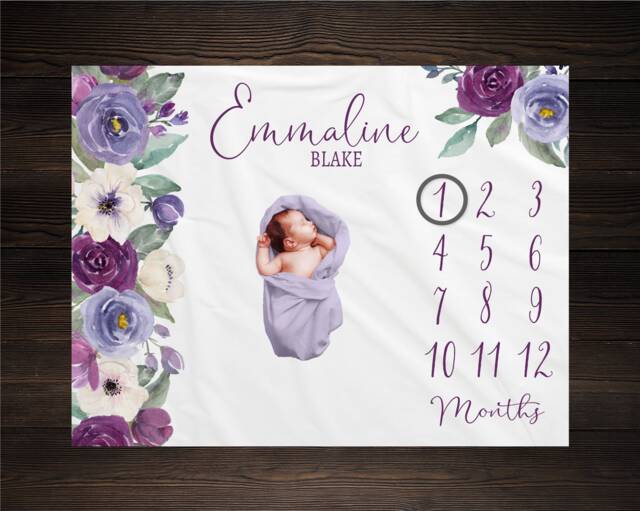 Purple Floral Milestone Blanket, Baby Month Girl Blanket Track Growth Keepsake Shower Gift - image 1