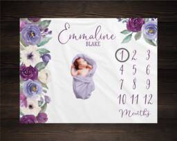 Purple Floral Milestone Blanket, Baby Month Girl Blanket Track Growth Keepsake Shower Gift
