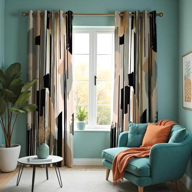 Neutral Abstract Curtains, Modern Beige & Black Grommet Drapes, Contemporary Minimalist Window Panel For Bedroom Or Living Room - image 1