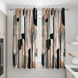 Neutral Abstract Curtains, Modern Beige & Black Grommet Drapes, Contemporary Minimalist Window Panel For Bedroom Or Living Room - thumbnail 3