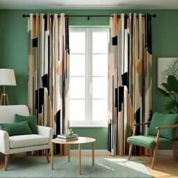 Neutral Abstract Curtains, Modern Beige & Black Grommet Drapes, Contemporary Minimalist Window Panel For Bedroom Or Living Room - thumbnail 2