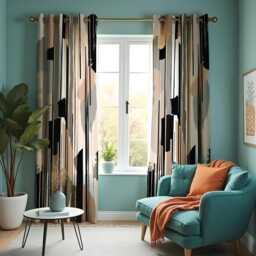 Neutral Abstract Curtains, Modern Beige & Black Grommet Drapes, Contemporary Minimalist Window Panel For Bedroom Or Living Room - thumbnail 1