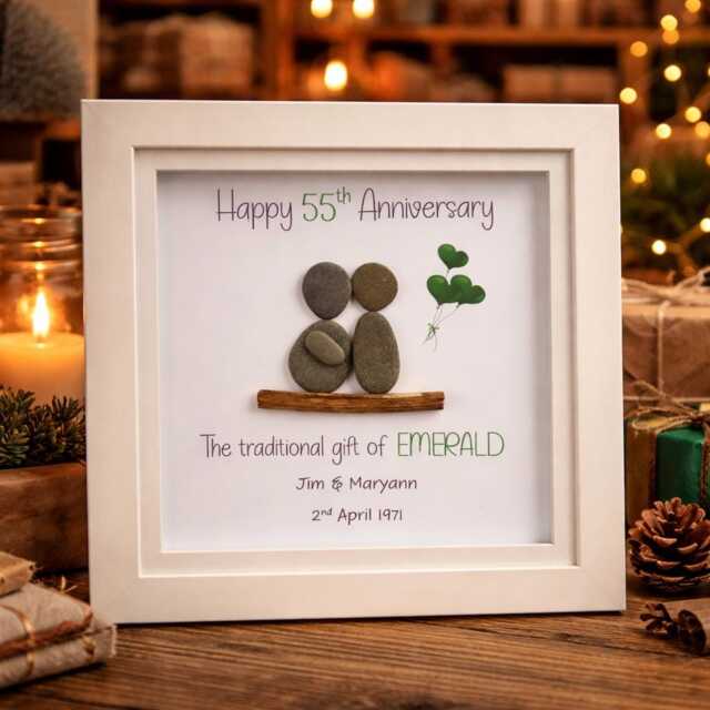 Anniversary Gift, Pebble Art, Personalised Couple 55Th Year Wedding Anniversary, Keepsake, Wall Decor Emerald Gifts - image 1
