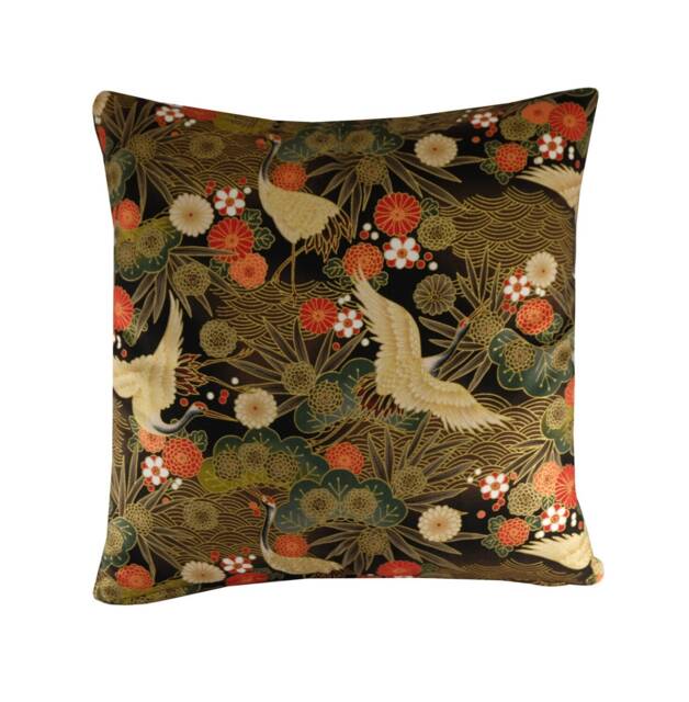 Crane Cushion, Black Chinoiserie Pillow Cover With Metallic Gold Highlights, Japanese Oriental Decor - image 1