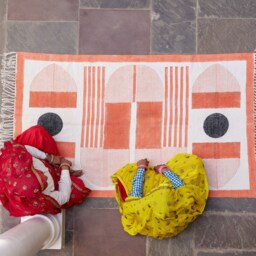 Handmade Cotton Area Rug Bauhaus Block Print, Rustic Orange, Flat Weave - thumbnail 2