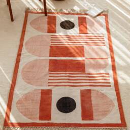 Handmade Cotton Area Rug Bauhaus Block Print, Rustic Orange, Flat Weave - thumbnail 4