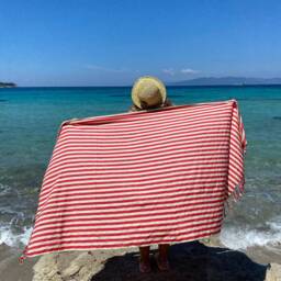 Red Picnic Table Throw, Stripe Blanket, Linen Peshtemal Set, Beach Towel, Turkish Boho Blanket Gift For Mom - thumbnail 3