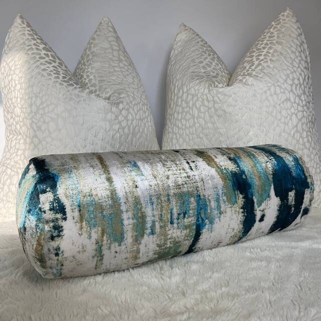 "Wish Lagoon Teal Cushion, Abstract Pillow For Sofa -Bed/Velvet Touch Luxury Designer Fabric, Bolster Cushion 16"" X 6" - image 1