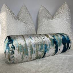 "Wish Lagoon Teal Cushion, Abstract Pillow For Sofa -Bed/Velvet Touch Luxury Designer Fabric, Bolster Cushion 16"" X 6" - thumbnail 1