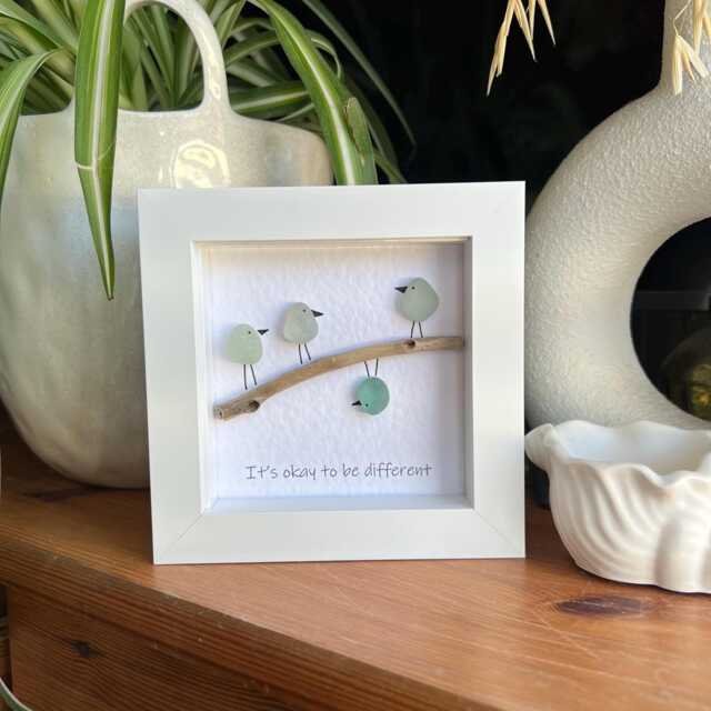 It's Okay To Be Different Personalised Sea Glass Birds & Driftwood Art. Coastal Gift, Gift For Them, Quirky Bird Beach - image 1