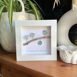 It's Okay To Be Different Personalised Sea Glass Birds & Driftwood Art. Coastal Gift, Gift For Them, Quirky Bird Beach - thumbnail 1
