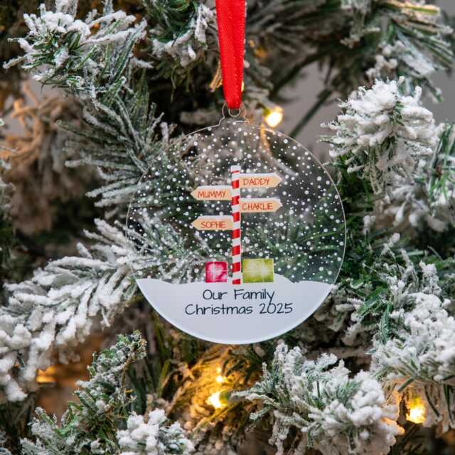Personalised Stripy North Pole Family Acrylic Bauble Christmas Tree Ornament - image 1