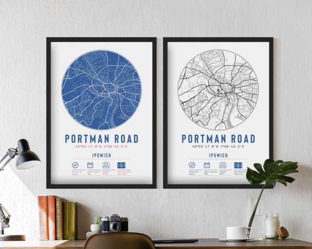 Ipswich Town Portman Road Minimalist Map Prints & Frames - Tractor Boys F.c. Memorabilia Gift Decor Dad Granddad Uncle Brother Football - image 1