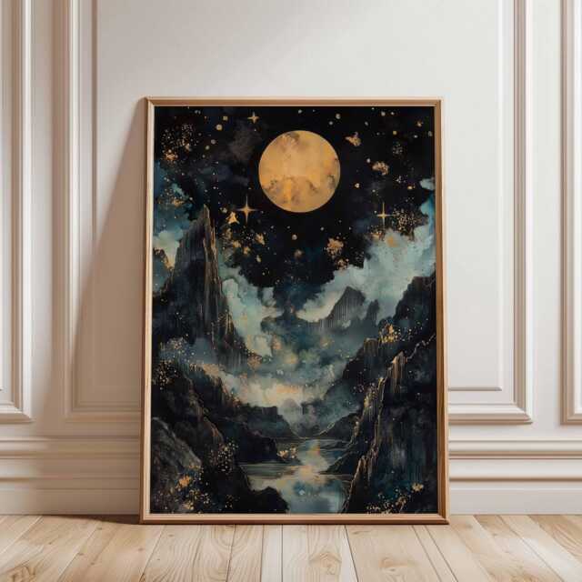 Golden Moon Nightscape Poster, Mystical Mountain Wall Art, Celestial Landscape Print - image 1