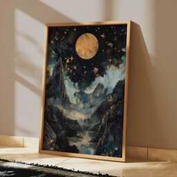 Golden Moon Nightscape Poster, Mystical Mountain Wall Art, Celestial Landscape Print - thumbnail 2