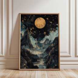 Golden Moon Nightscape Poster, Mystical Mountain Wall Art, Celestial Landscape Print - thumbnail 1