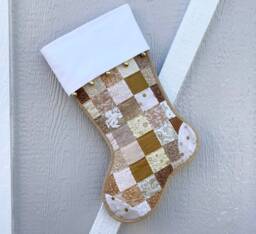 Gold & Beige Quilted Christmas Stocking, Cottton Patchwork, Personalized Free, Large Size, Fully Lined, White Flannel Cuff With Jingle Bells - thumbnail 1