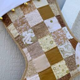 Gold & Beige Quilted Christmas Stocking, Cottton Patchwork, Personalized Free, Large Size, Fully Lined, White Flannel Cuff With Jingle Bells - thumbnail 2