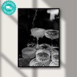 Martini Cocktail Glasses Print, Luxury Vintage Fashion Poster, Aesthetic Room Decor, Black & White Art Monochrome Print Bar Decor - thumbnail 1