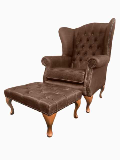 Chesterfield High Back Wing Chair & Stool - Presented in Genuine Vintage Brown Leather The Kensington - image 1