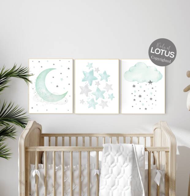 Mint Moon & Stars Nursery Print - Dreamy Gender Neutral Wall Art - image 1