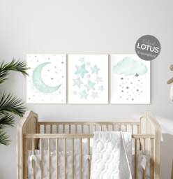Mint Moon & Stars Nursery Print - Dreamy Gender Neutral Wall Art - thumbnail 1